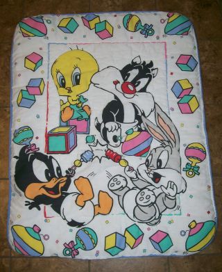 Vintage Baby Looney Tunes Crib Blanket 1997 Tweety Bugs Sylvester Daffy 33 " X42 "