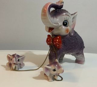 Vintage Anthropomorphic Arnart Purple Kitsch Elephant With Babies On Chain