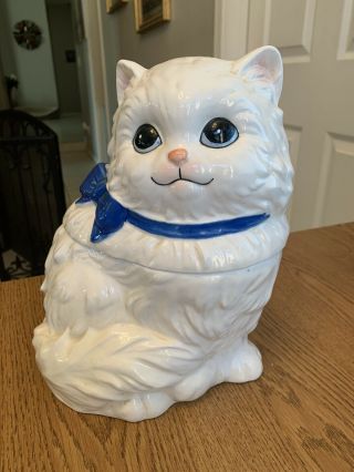 Vintage White Tabby Cat W Blue Ribbon On Neck Cookie Jar Collectible Cats
