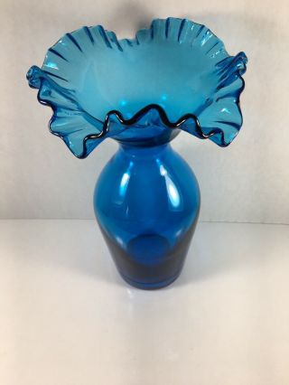 Vintage Blenko Hand Blown glass decanter Vase Ruffle Top Blue Color 2
