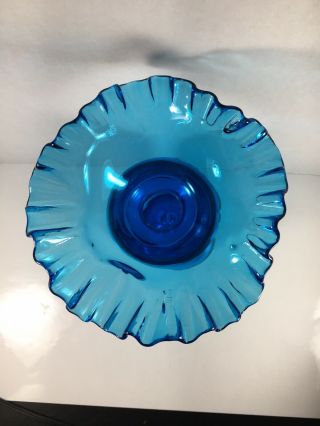 Vintage Blenko Hand Blown glass decanter Vase Ruffle Top Blue Color 3