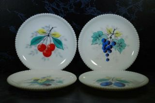 Vintage Westmoreland Hand Painted Milk Glass Fruit Plates Beaded Edge Set Of 4