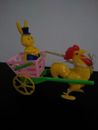 1950s Vintage Rosen/rosbro Plastic Easter Express Rabbit & Chicken Pulling Cart