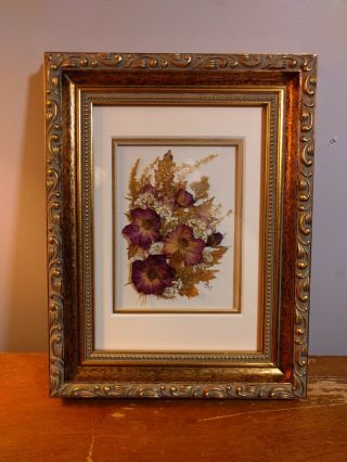 Vintage Pressed Purple Flowers Gold Matted Wall Hanging Frame