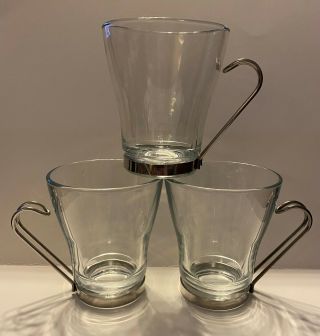 Vintage 3 Bormioli Rocco Italy Tempered Glass Metal Handles Coffee Tea Cups Mugs