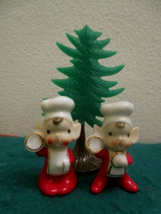 Vintage Set Of 2 Baby Chef Elf/pixie Holding Plates & Towel Ceramic Figurines 2 "
