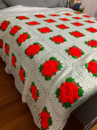 Vintage Hand Knitted Acrylic Afghan Red Rose Fringed Blanket 98 " X 64 "