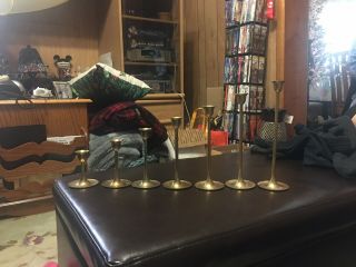 Vintage Set Of 7 Brass Candlestick Holders Graduated Heights