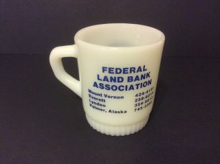 VTG Fire King Milk Glass 3 1/2” Advertising Coffee Mug (2) Federal Land Bank 3