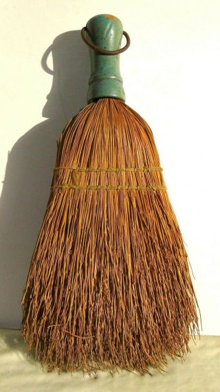 Vintage Whisk Broom Wood Handle Green Paint