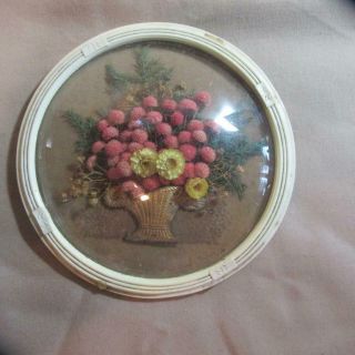 Vintage Round Framed Dried Flowers In Detailed Basket,  5 " Diameter