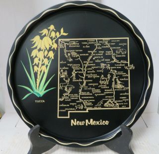 Vintage Mexico 11 " Round Black Metal Souvenir Tray State Map & State Flower