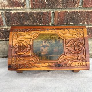 Vintage Carved Red Cedar Wood Jewelry Box Mirror Will Lock Lithograph Country