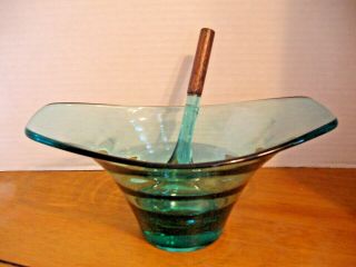 Vintage Green - Teal Glass Sauce - Gravy Bowl W/wooden Handle Ladle