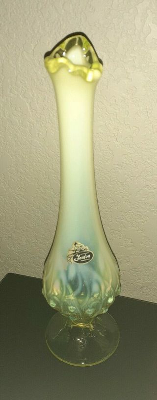 Vintage 10 " Fenton Opalescent Topaz Vaseline Lily Of The Valley Bud Vase
