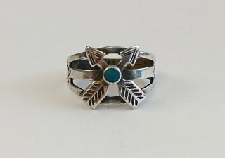 Vtg Navajo Fred Harvey Era Arrows Stamped Sterling Silver Turquoise Ring Sz 5.  5