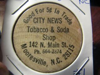 Vintage City News Tobacco & Soda Mooresville,  Nc Wooden Nickel North Carolina 1