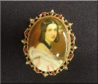 Vintage Art Signed Porcelain Portrait Pin Brooch W/ Seed Pearls & Coral - Euc