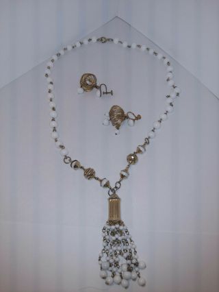Vintage White Milk Glass Tassel Necklace And Earrings