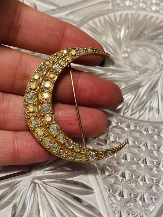 Vtg Kirks Folly Crystal Rhinestone Crescent Moon Brooch Pin Large Whimsical Gold