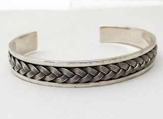 Vtg Sterling Silver Heavy Cuff Bracelet Woven Braided Cable Band Estate Large
