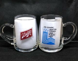 Vintage Schlitz Beer Stein Glass Mug 1980 Winter Olympics Lake Placid Set Of 2