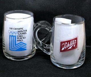 Vintage Schlitz Beer Stein Glass Mug 1980 Winter Olympics Lake Placid Set of 2 2