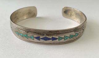Vintage Navajo Crushed Turquoise Lapis Inlay Sterling Silver Cuff Bracelet,  17g