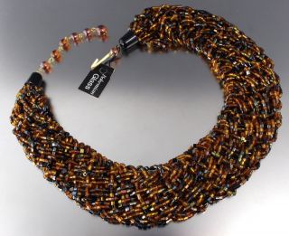 Vintage Brown & Black Bohemian Glass Bead Braided Bib Necklace