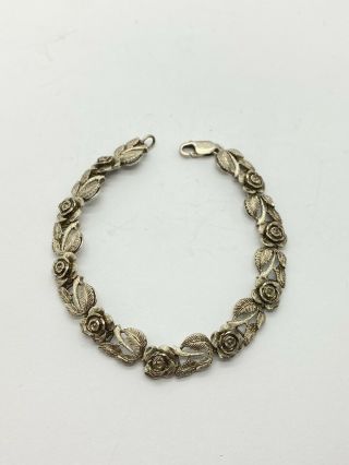 Vintage Bracelet Marked Sa Peru Sterling Silver 925 Tennis Chain Rose Link 7.  25”