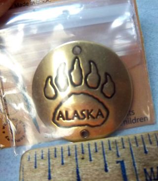 Alaska Solid Brass Hiking / Walking Stick Medallion,  W/ Mount Tacks,  Bear Paw