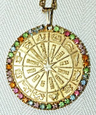 Vintage 70s Signs Of The Zodiac Rhinestone Pendant Necklace Horoscope Large Gold