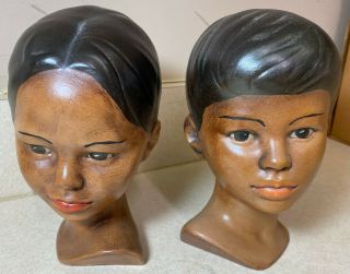 Vintage Set Of 2 Holland Mold Ceramic African American Boy & Girl Head Busts