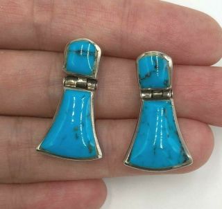 Vtg.  Blue Turquoise Inlay 925 Sterling Silver Door Knocker Dangle Post Earrings