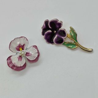 2 Vintage Purple Pink Enamel Flower Brooch Pins Pansy Pansies 1 Signed Taiwan