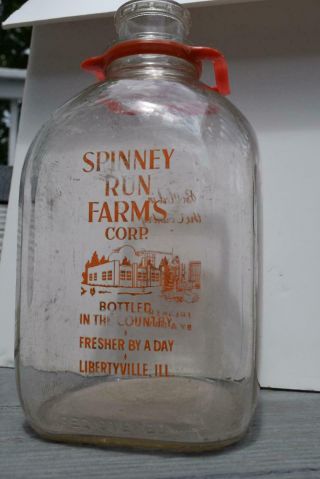 Vtg Glass Advertising Gallon Milk Bottle Spinney Run Farms Libertyville Illinois