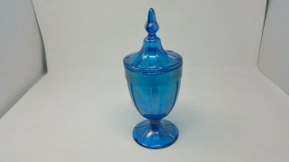 Vintage Iridescent Blue Candy Dish With Lid Large 10.  5 "