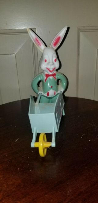 Vintage Rosbro Plastic Easter Rabbit Bunny Pushing Wheelbarrow Candy Container