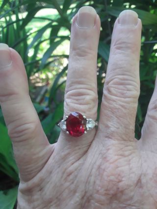 Vintage Ruby (lab Created) & Cz Ring 925 Silver Sz 7 Heart Facet Cz