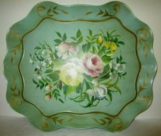 Vintage Huge Hand Painted Metal Tray Green With Roses 21 " X 17 "