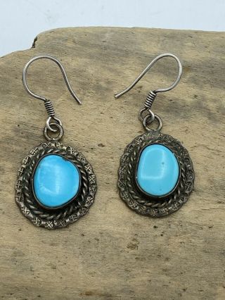 Vintage Old Pawn Hopi Sterling Earrings Sleeping Beauty Natural Turquoise Signed