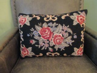 Vintage Handmade Needlepoint Pillow Floral Roses Black Wool 18 X 13 Rect.  Euc
