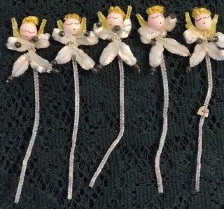 5 Vintage 1950s Chenille Spun Cotton Fuzzy Angel Gift Package Ties