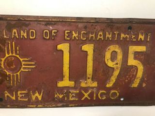 Vintage 1955 Mexico License Plate Tag 7 1195 Land Of Enchantment Red Yellow