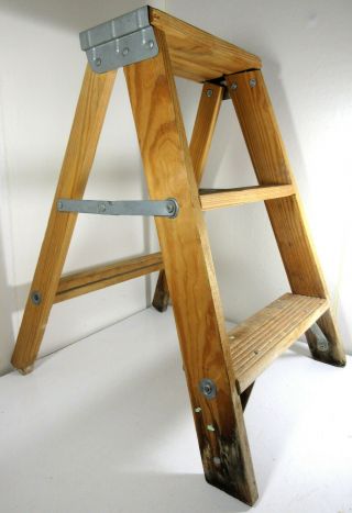 Vintage Davidson Small Wooden Step Ladder Stool Plant Stand 2 Steps 22 " Rustic