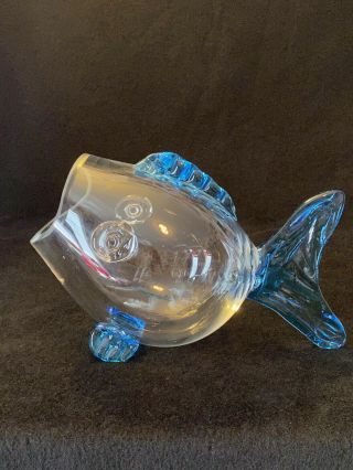 Vtg Blenko Glass Open Mouth Fish Aqua Blue & Clear Glass Figure Vase Mid Century