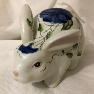 Vintage Ceramic Rabbit Or Bunny Figurine,  White With Blue Painted Flowers