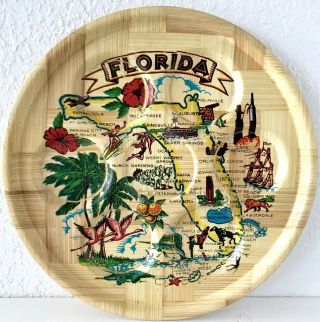 Vtg Florida 12 " Souvenir Serving Tray Bamboo Wood Pre Disney Mcm W/ Dish Inserts