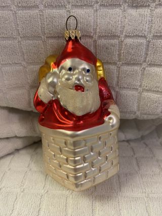 Vintage West German Blown Mercury Glass Christmas Ornament Santa In Chimney