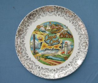 Cape Cod,  Ma,  Souvenir Ceramic Plate,  Gold Decorative Design W.  Cape Images,  9 "